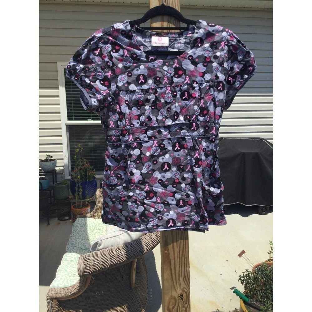 White cross m medium grey scrubs top womens nurse medical pink ribbon komen‎